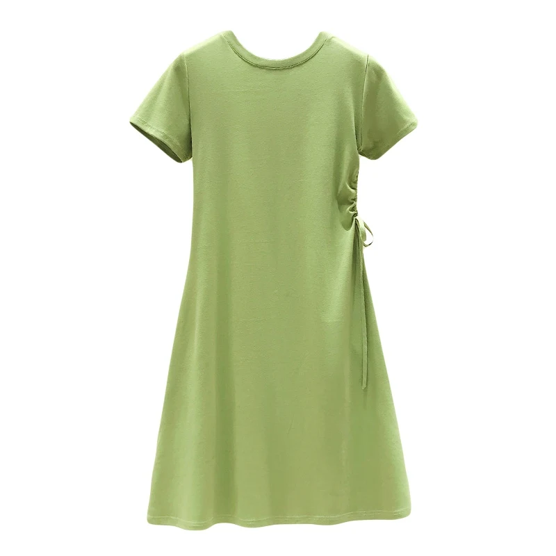 

2019 Women Fashion Summer Round Neck Collar Short Sleeve Tights Stretch Strap Loose Solid Color Sexy Slim Waist Dress