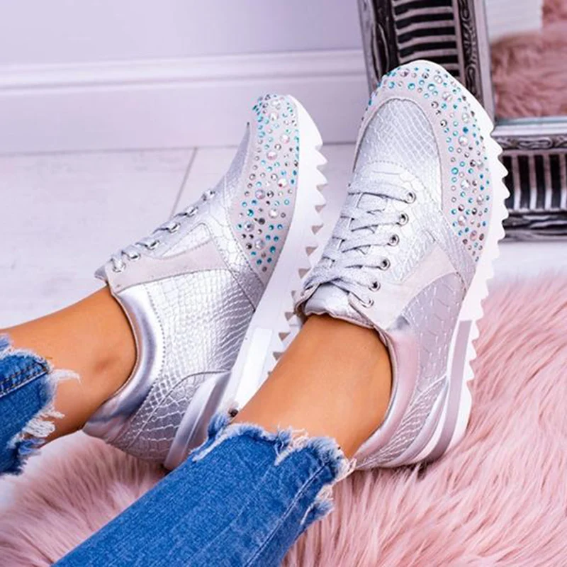 PU Leather Round Toe Woman Shoes Sneakers Rhinestone Orthopedic