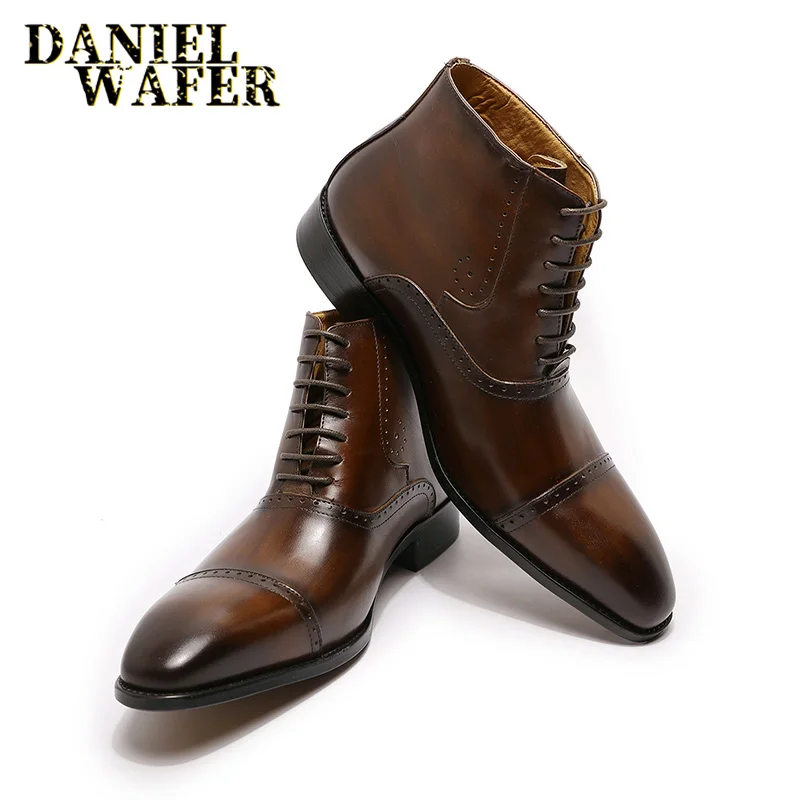 

FASHION MENS ANKLE BOOTS FORMAL MEN DRESS GENUINE LEATHER SHOES WESTERN BOOTS BLACK BROWN CAP TOE LACE UP CASUAL BASIC BOOTS MEN
