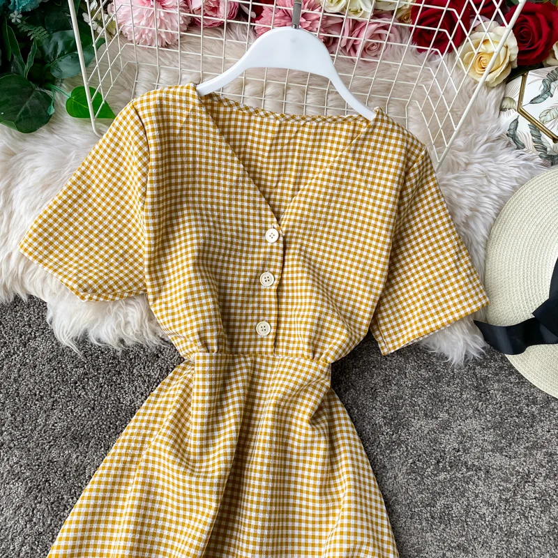 Teeuiear Slim Vintage V Neck Plaid Print Button Dress Slim ladies Summer Midi dress vestido de festa Party Women a-line Dresses