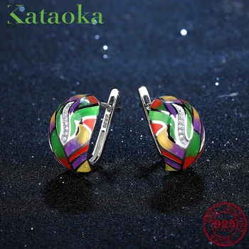 

Women Earrings 2018 Fashion Colorful Enamel Rainbow Round 925 Sterling Silver Clip on Earrings Zircon Jewelry Handmade