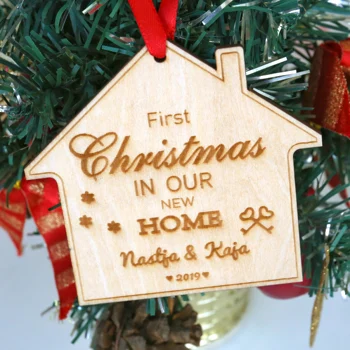 

Customize First Christmas in Our New Home ,Engraved Bauble Personalised ,Wooden House shape Celebration Tree Decorations Hanging