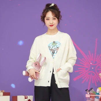 

IEF Spring Knit Cardigan Loose Long Sleeves Women Tops Solid Color V Neck Female Coat 0D14A-D8265-