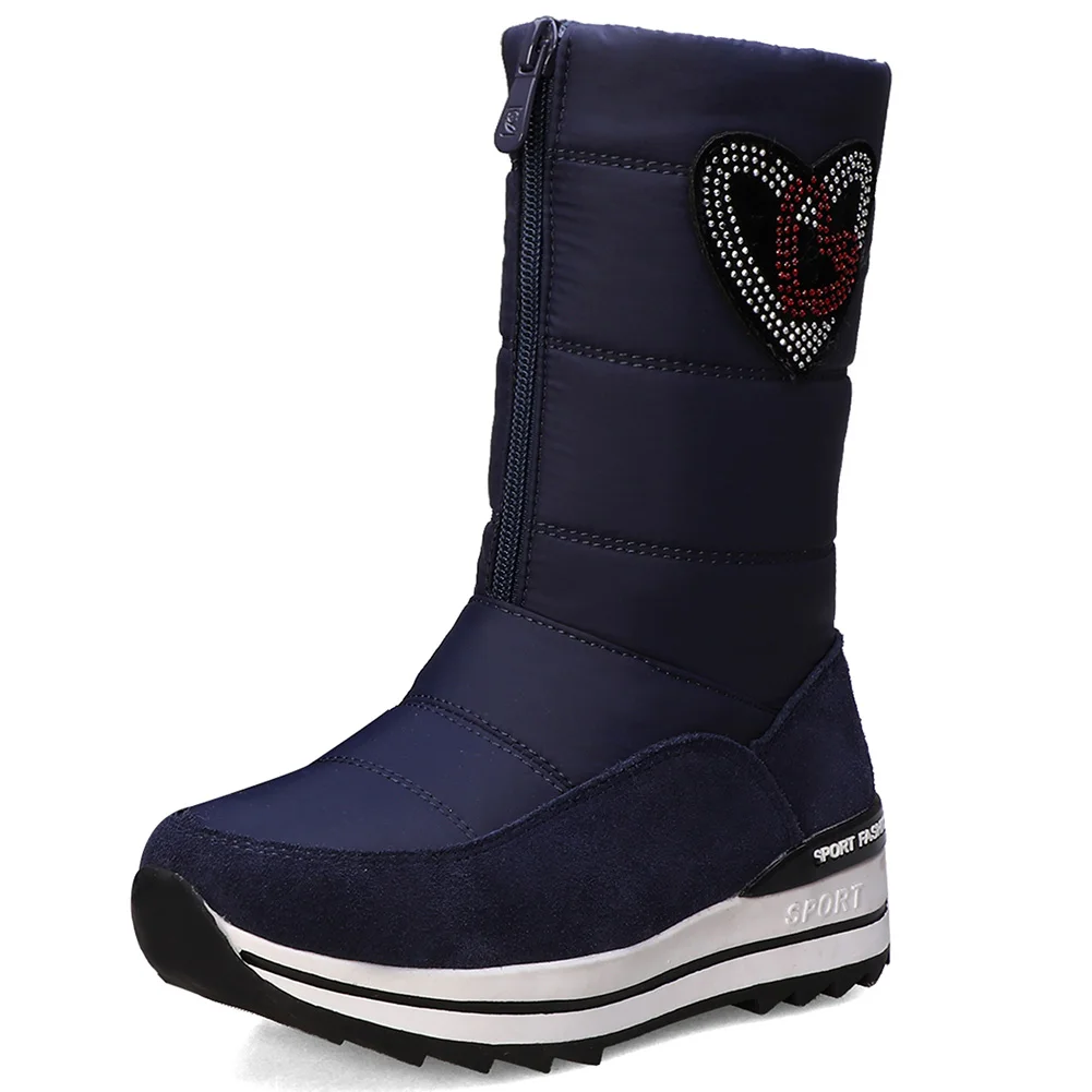RIBETRINI/модные женские зимние ботинки Удобная зимняя обувь на меху со стразами и сердечками на толстой подошве женские ботинки на платформе - Цвет: Синий