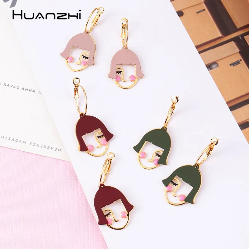 

HUANZHI 2019 Fashion Human Face Spray Paint Colorful Metal Design Personality Long Drop Earrings for Women Girls Party Jewelry