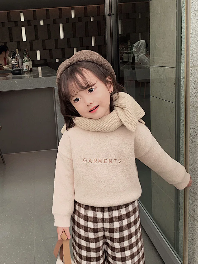 

Baby Kids Long Sleeve Thickened with Letter Pullover Hooded Sweaters Tweed+silver Fox Wool Elastic Thick Warm Children Top Cloth