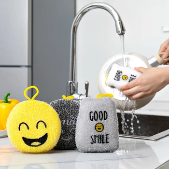 

4PCS Smile Face Sponge Strong Decontamination Dish Washing Cloth Sponges Creative Kitchen Cleaner Sponges Scouring Pads