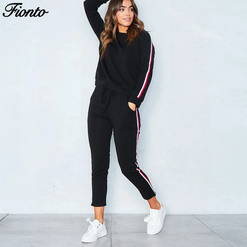 

FIONTO New Fashion Autumn Winter Pure Color Sports Leisure Suits Long Sleeved Trousers Vertical Stripe Suit Women Wear CA2262/5