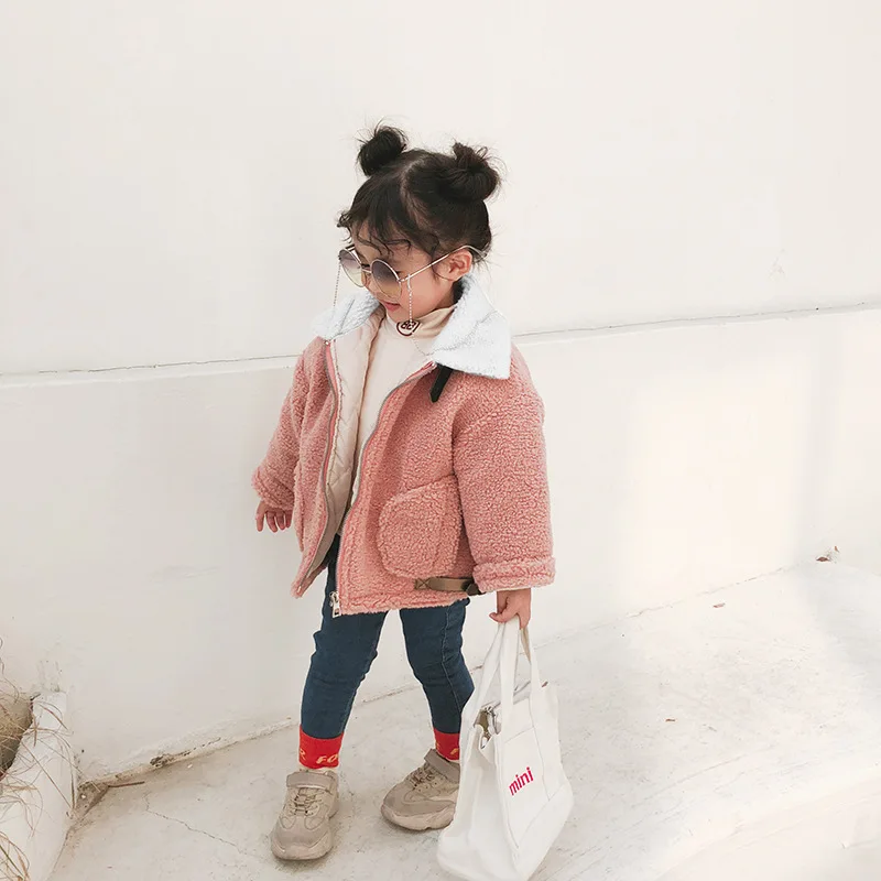 

A mu hou 2018 Autumn And Winter New Style White Collar Small CHILDREN'S Motorcycle Jacket Plush Zipper Girls Thick Jackets