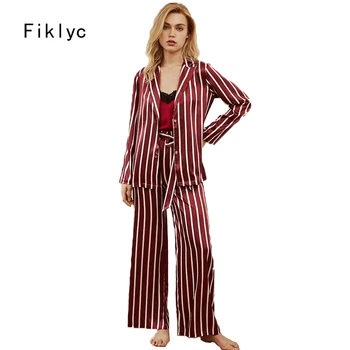 

Fiklyc underwear sexy women's striped three pieces satin pajamas sets beautiful woman V-neck pyjamas outdoor sleepwear clothing