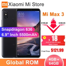 글로벌 rom xiao mi mi max 3 4 gb 64 gb/6 gb 128g snapdragon 636 octa core 5500 mah 6.9 "2160x1080 화면 듀얼 카메라 lte 스마트 폰(China)
