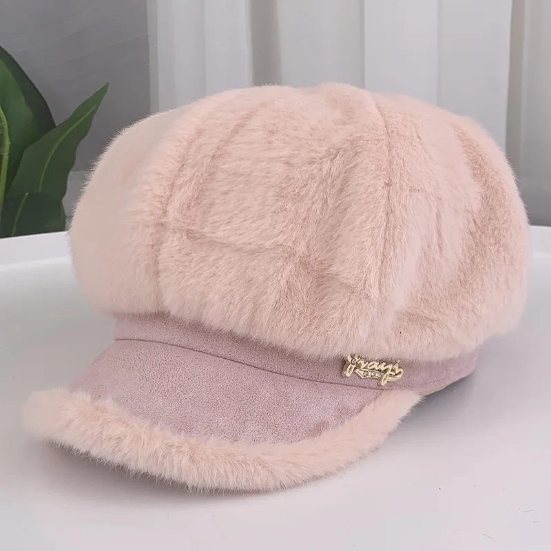 Новые женские шапки, толстые теплые зимние шапки, женские норковые бархатные Восьмиугольные шляпы, Лоскутные Шапки newsboy-85 - Цвет: Pink