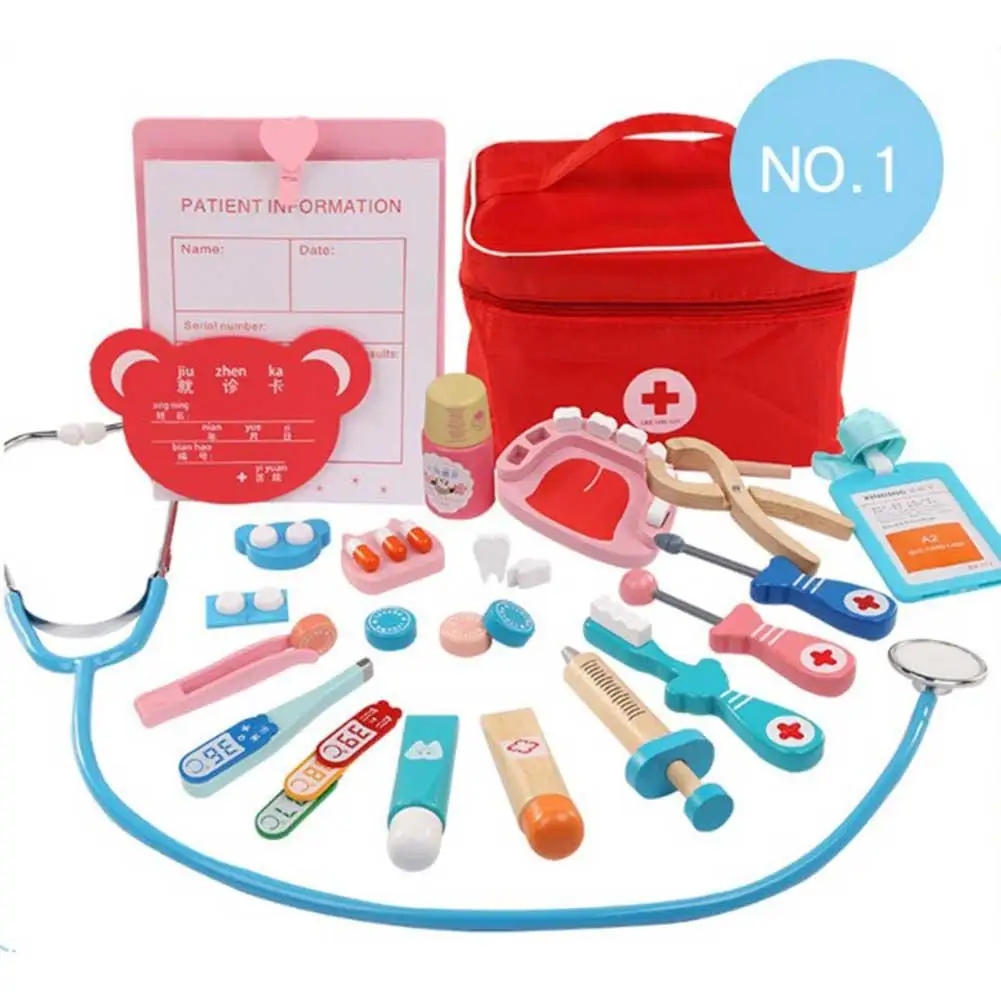 

Kids Toys Doctor Set For Kids Children Kit Games For Girls Boys Pretend Play Wood Red Medical Dentist Medicine Box Cloth Bag