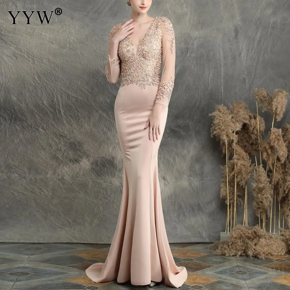 Women Evening Dress V Neck Applique Mesh Sleeve Sexy Robe De Soiree Backless Mermaid Elegant Long Party Dress Femme Formal Gowns