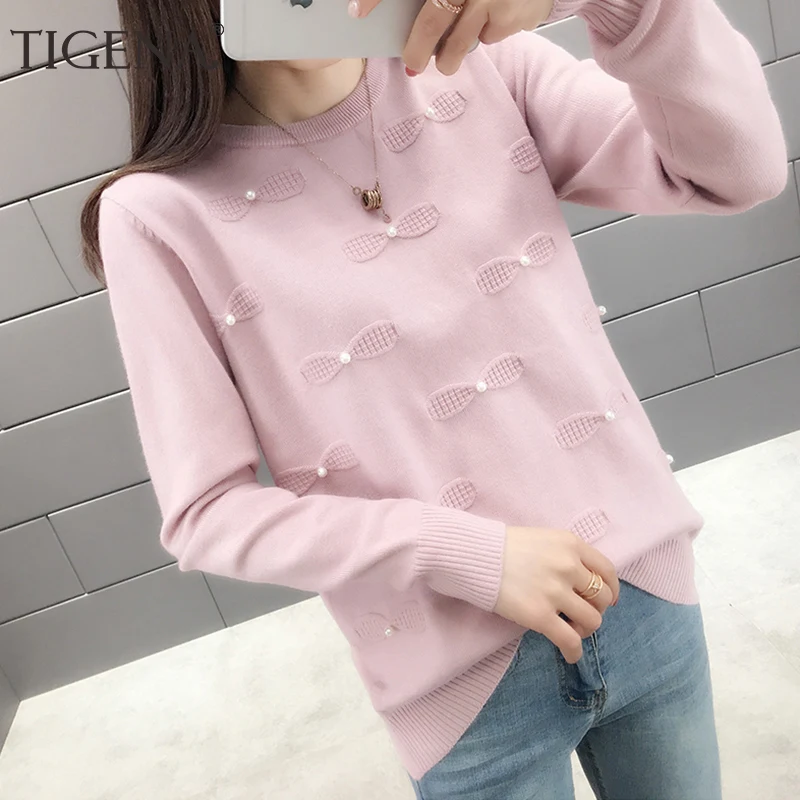TIGENA Women Sweaters and Pullovers 2019 Autumn Winter Korean Cute Bow Beading Long Sleeve Knitted Sweater Female Jumper | Женская