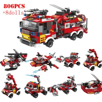 

8 in 1 Fire Fighting Trucks Car Helicopter Boat Building Blocks City Firefighter Firemen Figures Police Bricks Toys For Children