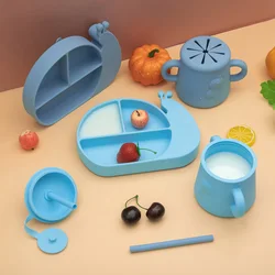 Baby Silicone Feeding Tableware Sets Waterproof Baby Cartoon Snail Dinner Plate Food Grade Silicone Dishes for Baby Tableware