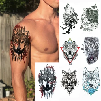 

Spray Wolf Temporary Tattoos For Men Women Tiger Daisy Flower Tattoo Body Art Hand Geometric Coyote Henna Waterproof Tatoo Paper