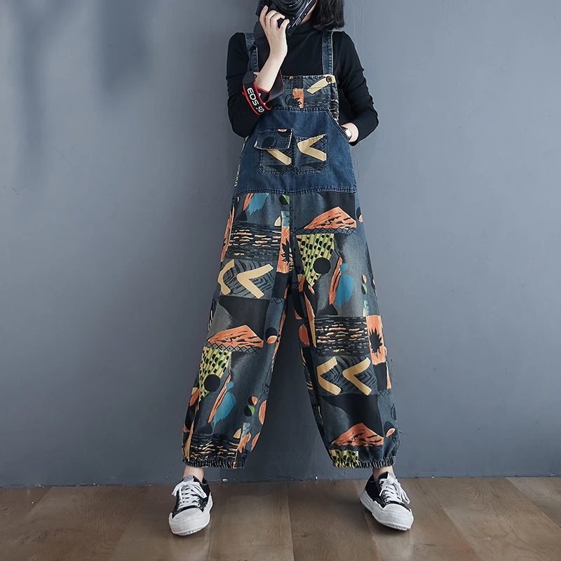 #1435 Vintage Casual Denim Printed Overalls For Women Loose Jumpsuit Ladies Plus Size Streetwear Wide Leg Spring |