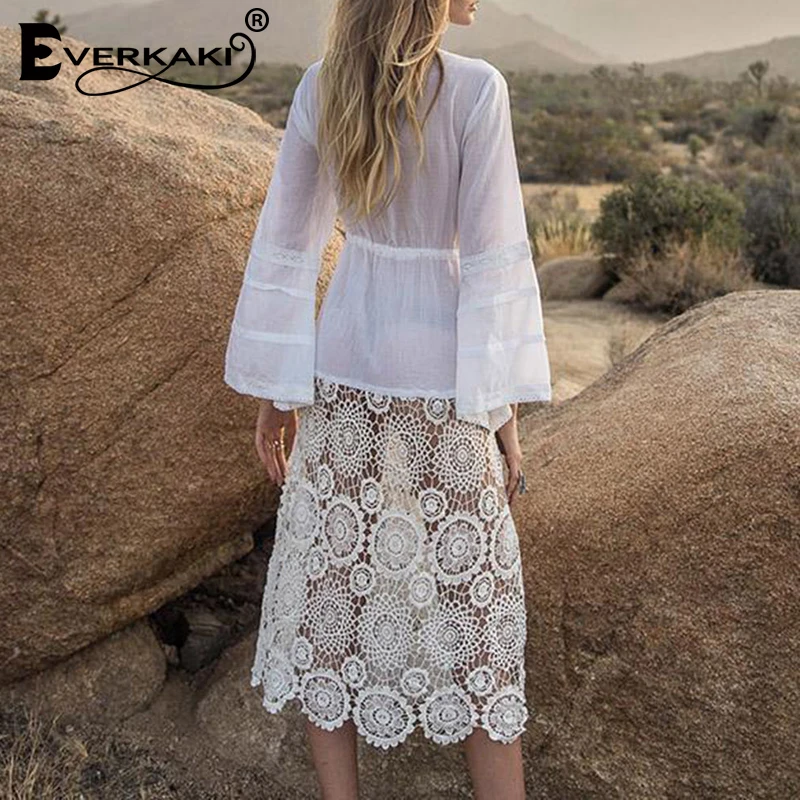 incredible  Everkaki Kimono Coats Women Boho Lace Patchwork Transparent Sashes Beach Summer Vintage Ladies Coat