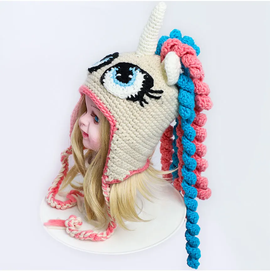 Beige New Unicorn Knit Hat for Girls Cap Animals Kids Winter Hats Cartoon Unicorn Baby Caps Ponytail Beanie Kids Under 6 Year Old - Цвет: Beige