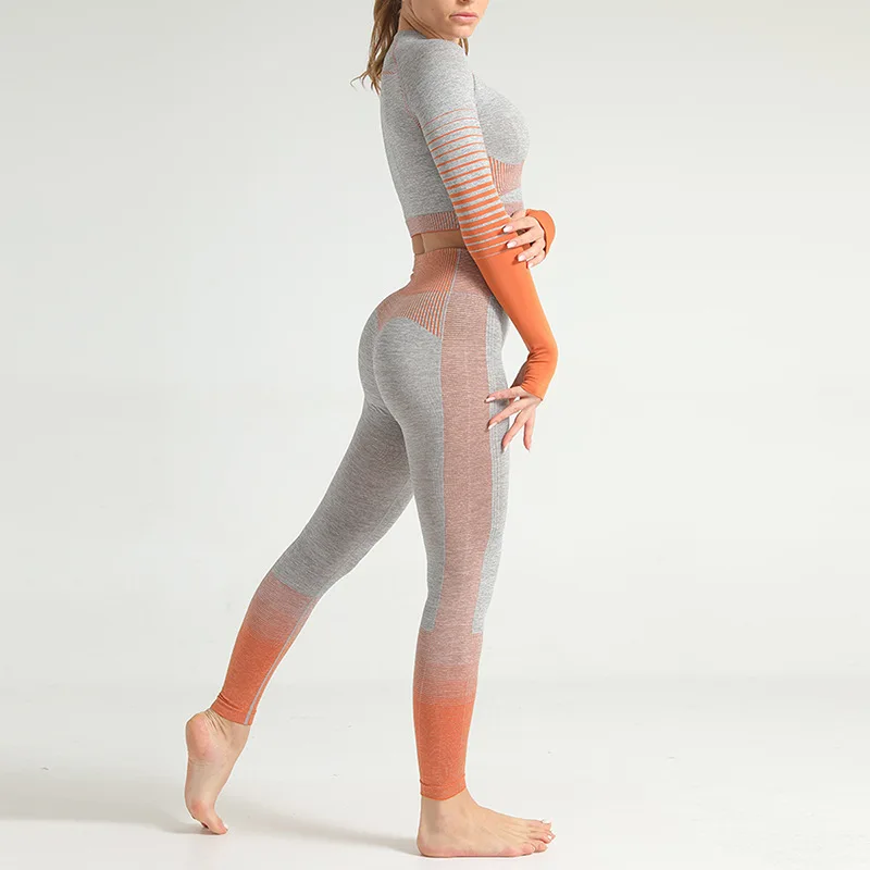 

2PCS Yoga Set Women Long Sleeve Crop Tops And High Waiste Tummy Control Sport Leggings Gym Clothing Seamless knitted Sport Suits