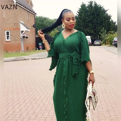 VAZN XL6050, новинка, 5 цветов, модное летнее женское платье, круглый вырез, полный рукав, цветное платье, сексуальное Клубное платье средней длины - Цвет: Зеленый