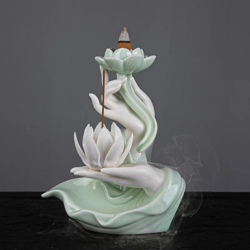 Newest Celadon Backflow Incense Fountain Antique Lotus Incense Burner