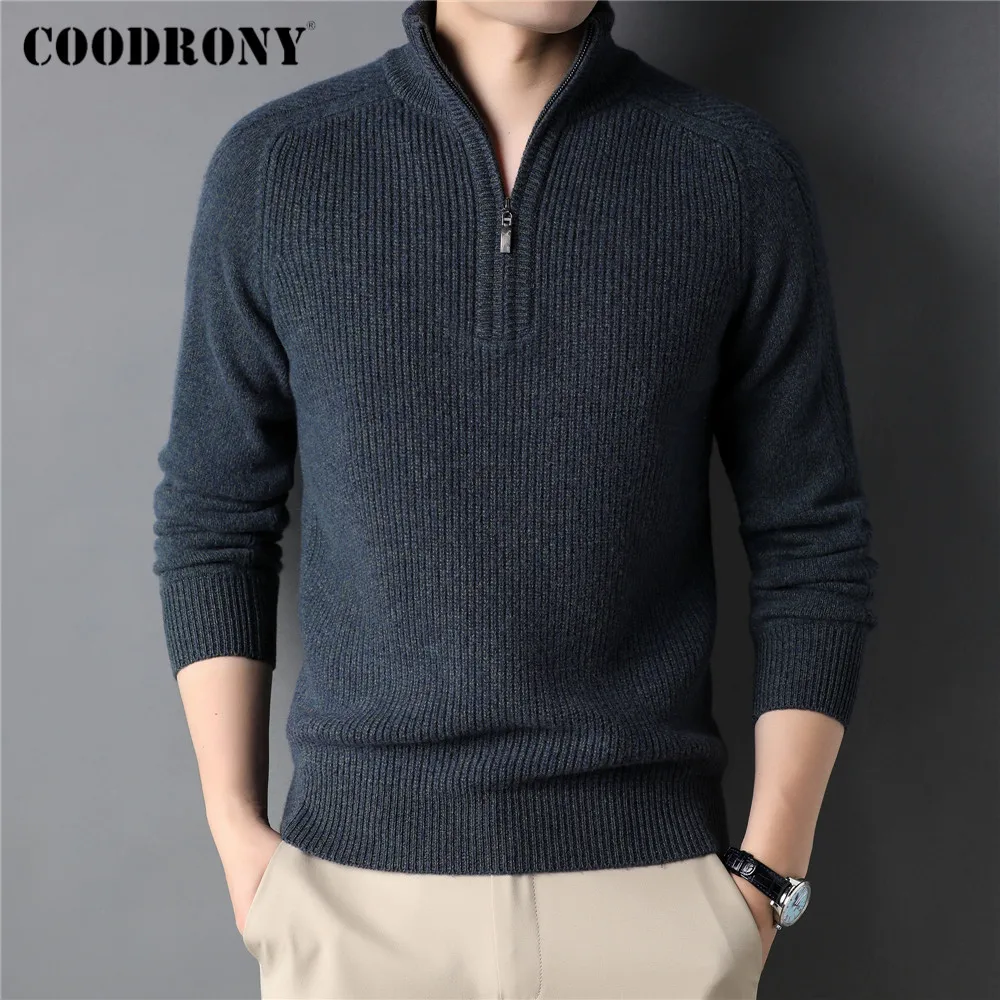 COODRONY Winter Fashion Zipper Turtleneck Sweater Men Clothing Thick Warm Knitwear 100% Merino Wool Cashmere Pullover Male C3150 v neck sweater men Sweaters