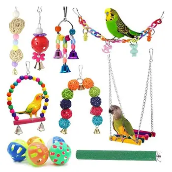 

13Pcs Parrot Toy Swing Wooden Perch Foot Grinding Stand Stick Arcylic Link Chain Chewing Rattan Ball Hanging Bell Bird Cage Toys