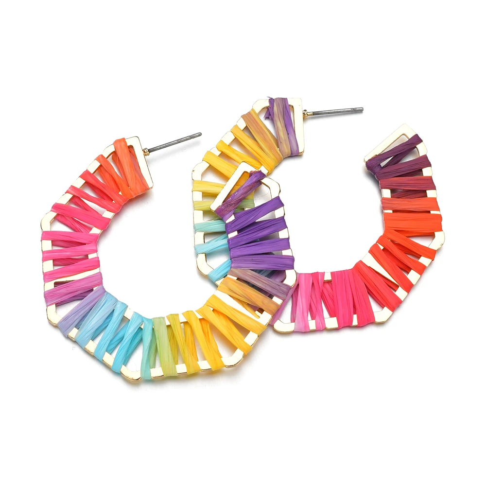 Большие с формы веревка из рафии плетеные новые богемные серьги-гвоздики ручной