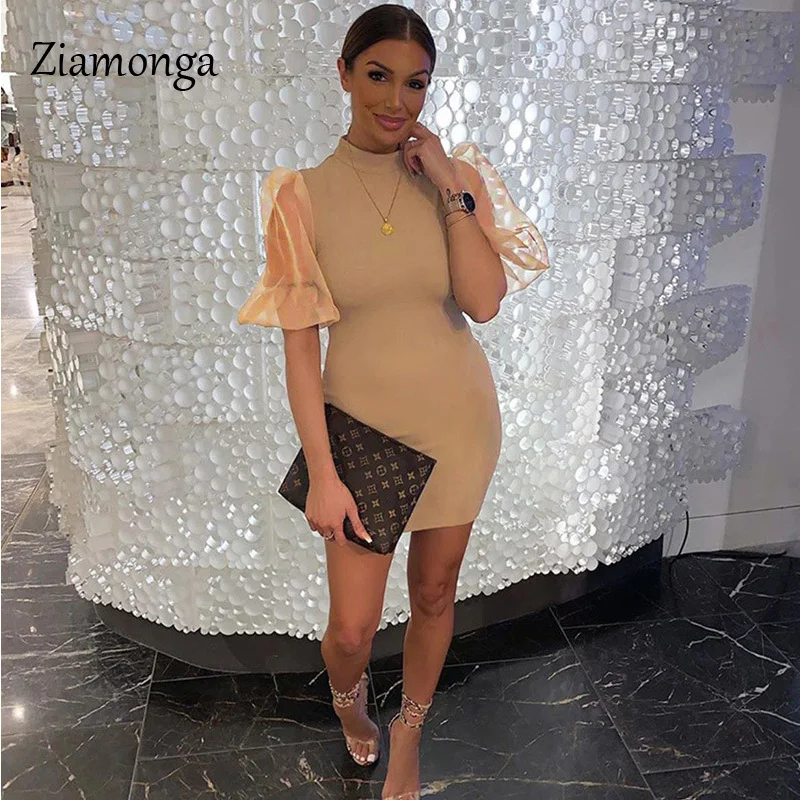 Ziamonga, женское полупрозрачное Сетчатое облегающее платье с рукавом средней длины, сексуальное и Клубное облегающее мини-платье выше колена в стиле пэчворк, весеннее осеннее платье