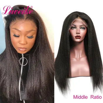 

Liweike Full Lace Kinky Straight Wig Brazilian 1b Black Color Remy Human Hair Wigs Glueless Natural Hair 150% Density M Size Cap