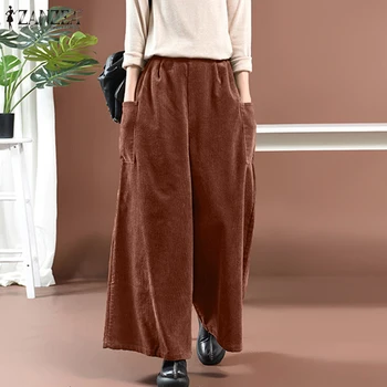 

ZANZEA Women Casual Elastic Waist Basic Wide Leg Solid Pants Women Retro Corduroy Loose Fashion Trousers Ankle Length Plus Size