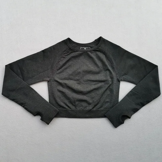 Black top Женский бесшовный комплект для йоги, тренировочная одежда для спортзала, укороченный Топ с длинным рукавом для фитнеса, бесшовные леггинсы с высокой талией, спортивный костюм из 2 предметов - Цвет: Black top