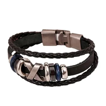 

Boy's Black Leather Bracelet New Fashion Leather Jewelry Punk Bracelet Stainless Steel Fittings pulseira masculina FJSL