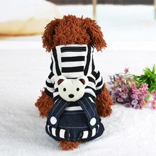 

New Autumn Winter Dog Striped Denim Strap Bear On The Back With Hoodie Warm Coat Pet Jackets Dog Costume Cats Puppy Skirt Supply