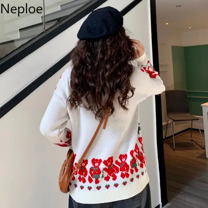 Женский зимний Рождественский свитер Neploe с принтом медведя Harajuku, женские пуловеры с круглым вырезом и длинным рукавом, модные тонкие женские топы 80327