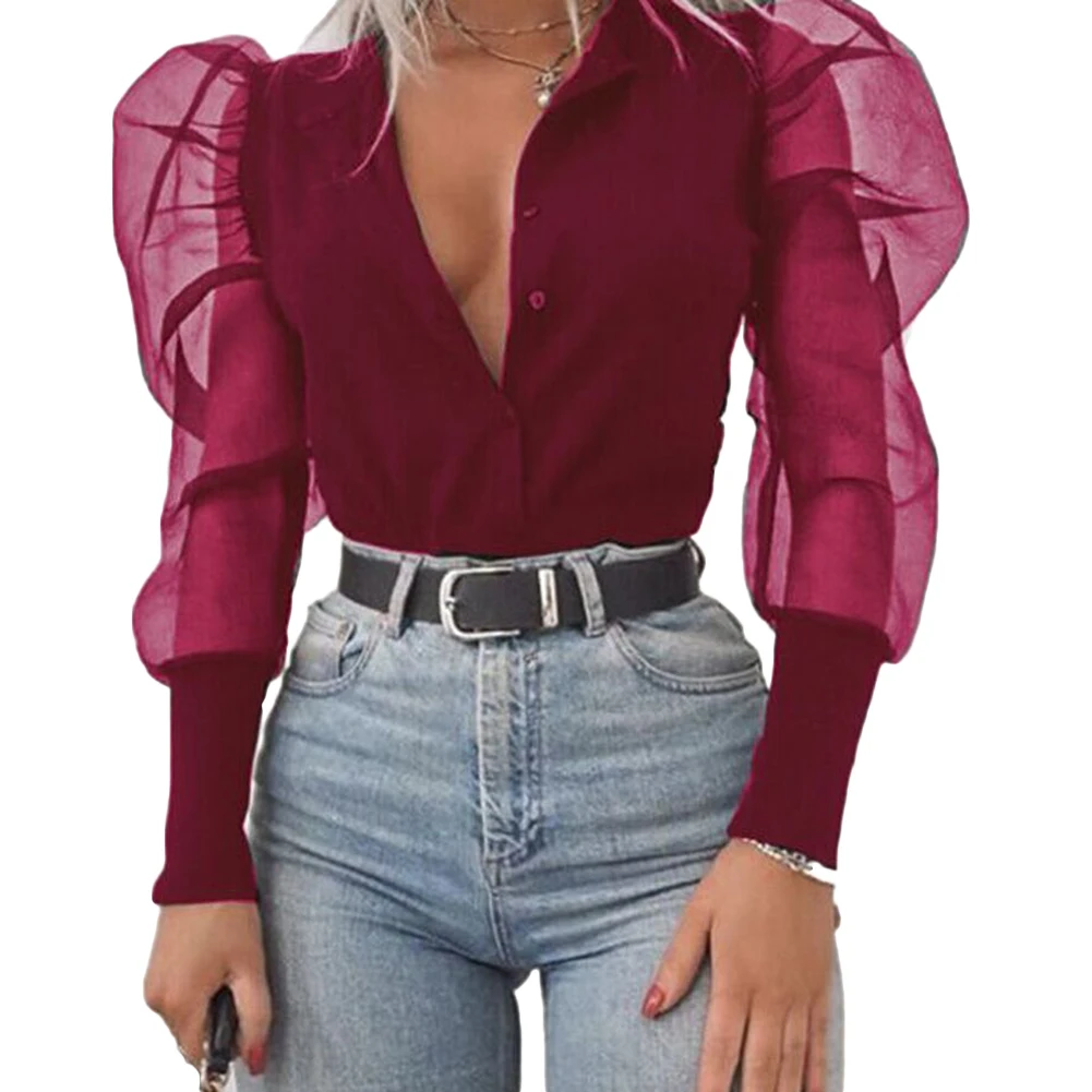 Стильная женская однотонная прозрачная сетчатая рубашка с длинным рукавом и пуговицами, мешковатые футболки с сетчатыми рукавами, футболка, топ