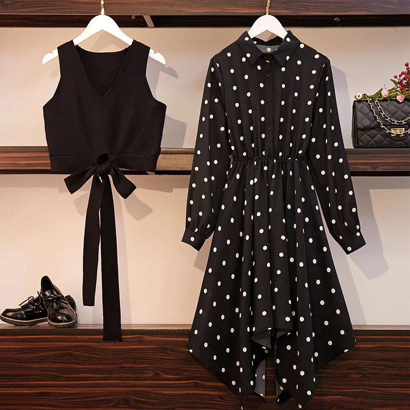 XL-5XL размера плюс женская одежда осень винтажное асимметричное платье-рубашка в горошек с длинным рукавом и Трикотажный жилет из двух частей