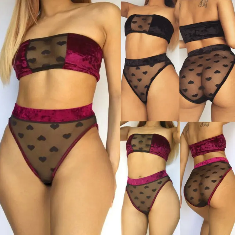 Hot Sale Womens Sexy Lingerie Babydoll Lace Mesh Polka Dot See Though Push-Up Bra G-string Panty Erotic Set Underwear Nightwear |