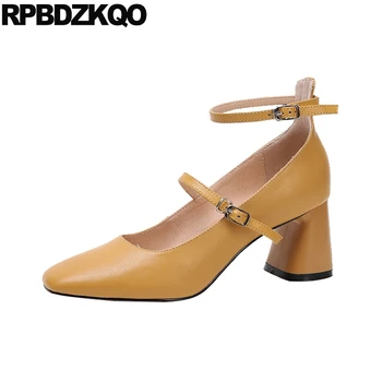 

ankle strap chunky mary jane thick size 4 34 shoes black closed toe high heels women square block genuine leather ladies pumps