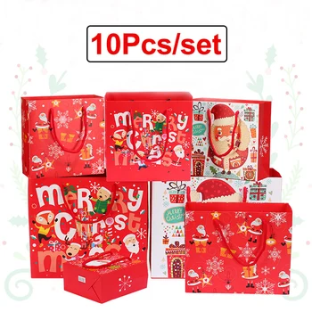 

10Pcs Christmas Gift Bags Santa Sacks Kraft Paper Bag with Handle Kids Party Favors Box Christmas Decorations for Home