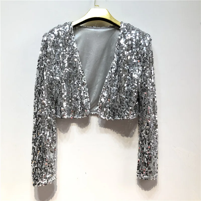 SIDAIMI Women Coat Shining Sequined Long Sleeve Cropped