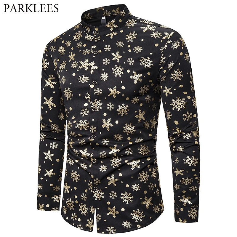 

Snow Gold Bronzing Christmas Shirt Men 2019 New Long Sleeve Mandarin Collar Mens Black Dress Shirts Xmas Party Prom Costume 2XL