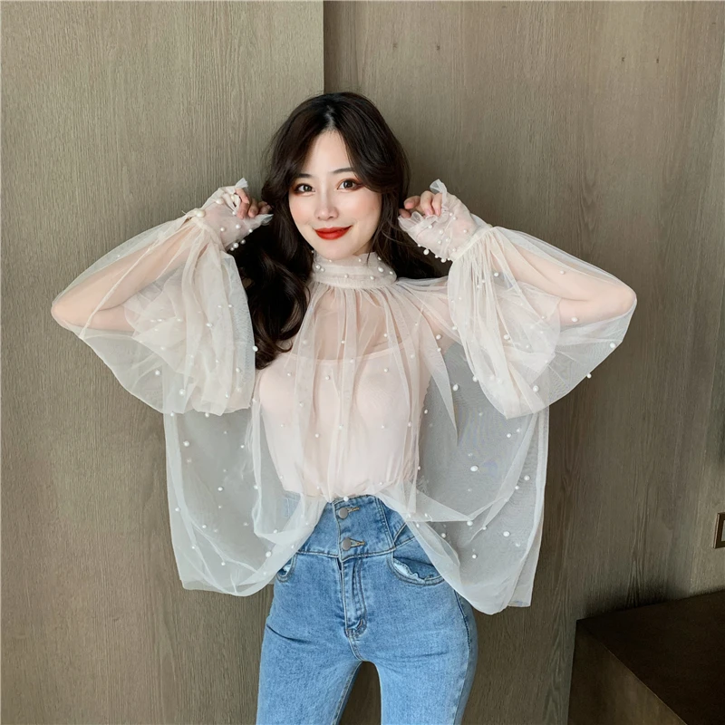Осень Ulzzang сетки кружева перспектива для женщин блузки для малышек Свободные Водолазка рубашки Новая мода бренд дизайнер топы Blusas Mujer De Moda