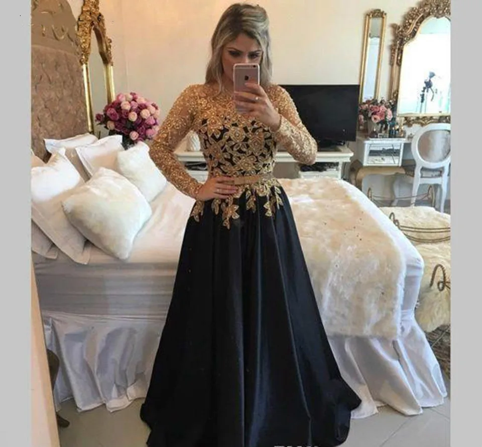 Black Gold Long Prom Dresses Women Formal Party Vestidos De Fiesta Elegant Appliques Long Sleeves Gala Jurken Evening Gowns