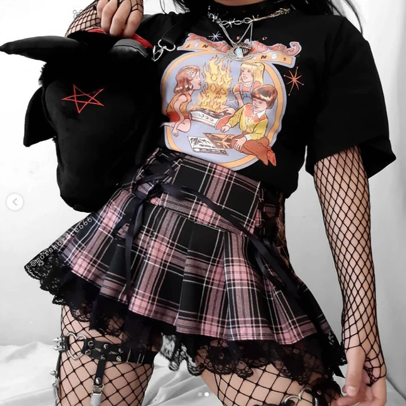 Y2K 2021 Women Stripe Black Pink Pleated Skirts Tank Vest Cute Sweet Girls School Skirt Plaid Lace Up Mini Goth Gloves Skirt