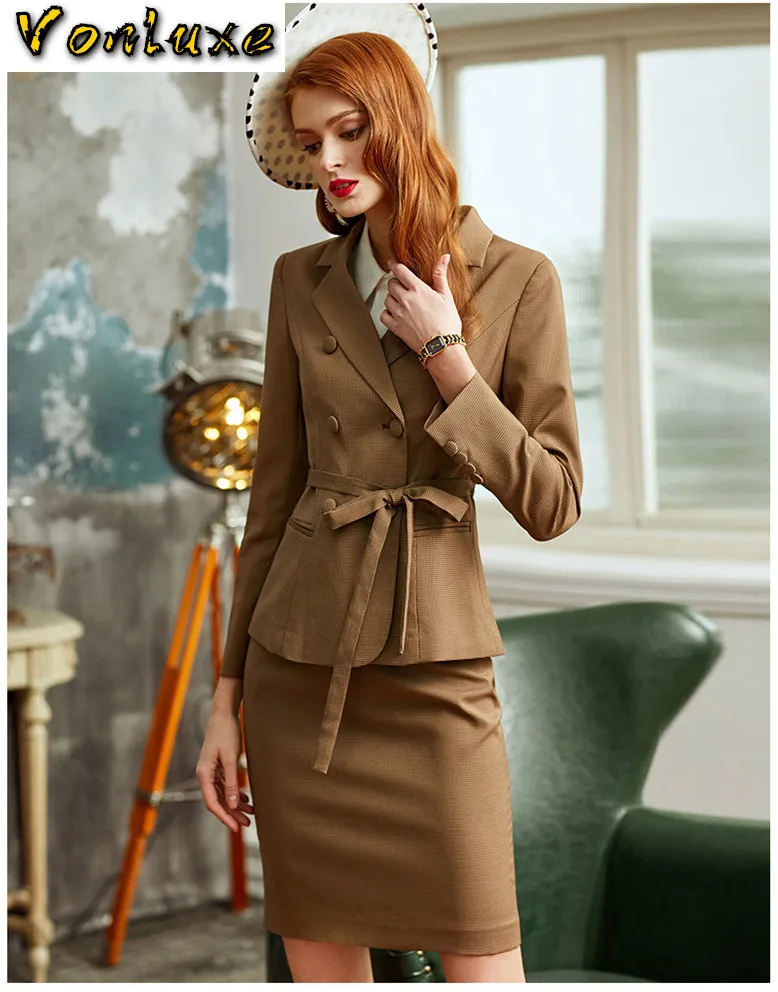Women Suits Elegant OL Office Lady Double Breasted Belt Blazer Skirt Slim Business Formal Work 2 Piece Set Female - Цена: 