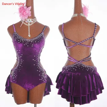 

Latin Dance Dresses Sparkly Rhinestones Dancing Dresses For Ladies Purple Elegant Fringe Skirt Women Stage Ballroom